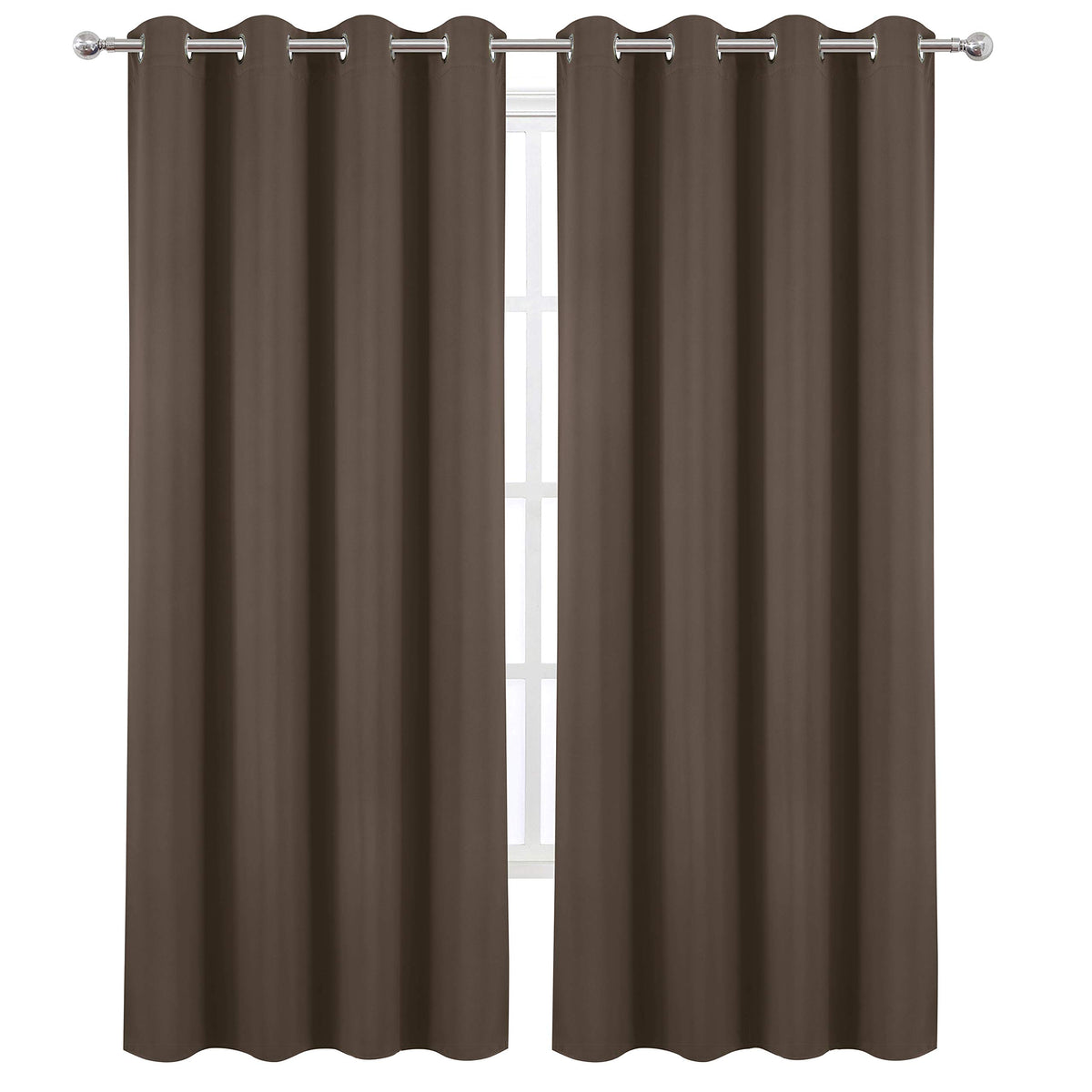 LEMOMO chocolate brown thermal blackout curtains, on-window install, enhance privacy and reduce external glare.