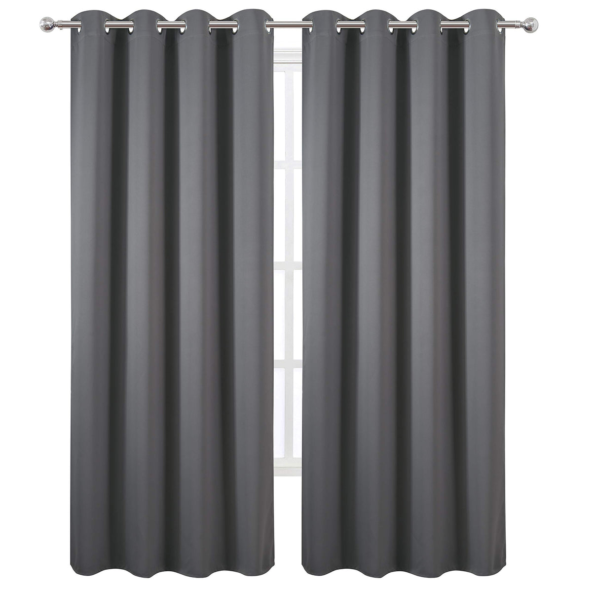 LEMOMO grey blackout curtains 2-panel package suggests ready-to-hang setup with durable grommets.