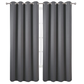 LEMOMO grey blackout curtains 2-panel package suggests ready-to-hang setup with durable grommets.