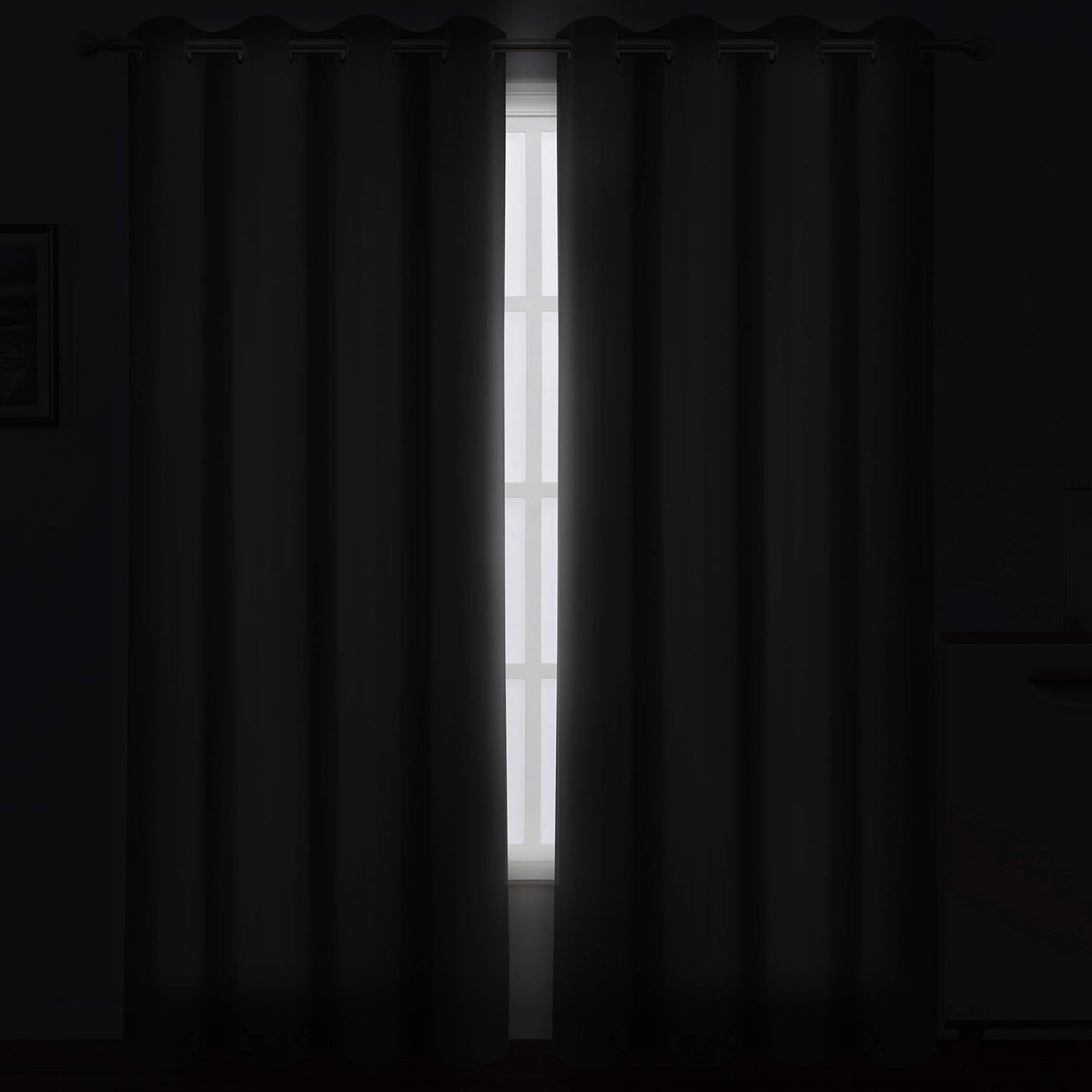 LEMOMO grey blackout curtains bedroom scene demonstrates dark ambiance for restful sleep and privacy.