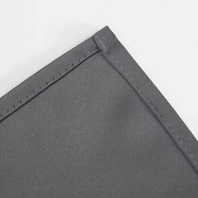 LEMOMO grey blackout curtains care label indicates easy machine washing and low-heat ironing.
