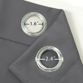 LEMOMO grey blackout curtains dimensions emphasize 52x84 inch panel size for room planning.