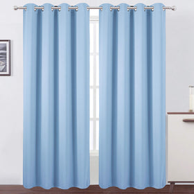 LEMOMO sky blue thermal curtain fabric close-up showing smooth texture.
