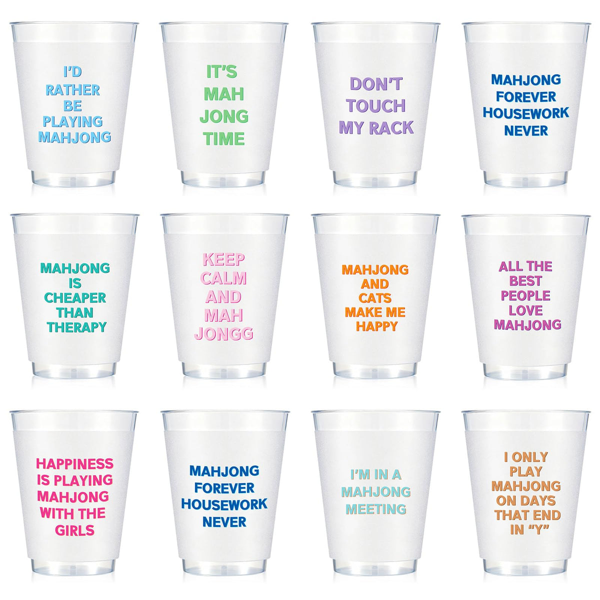 LemonRoad Mahjong cups with frosted finish and colorful phrases for clear drinks during game nights