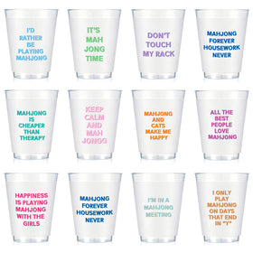 LemonRoad Mahjong cups with frosted finish and colorful phrases for clear drinks during game nights