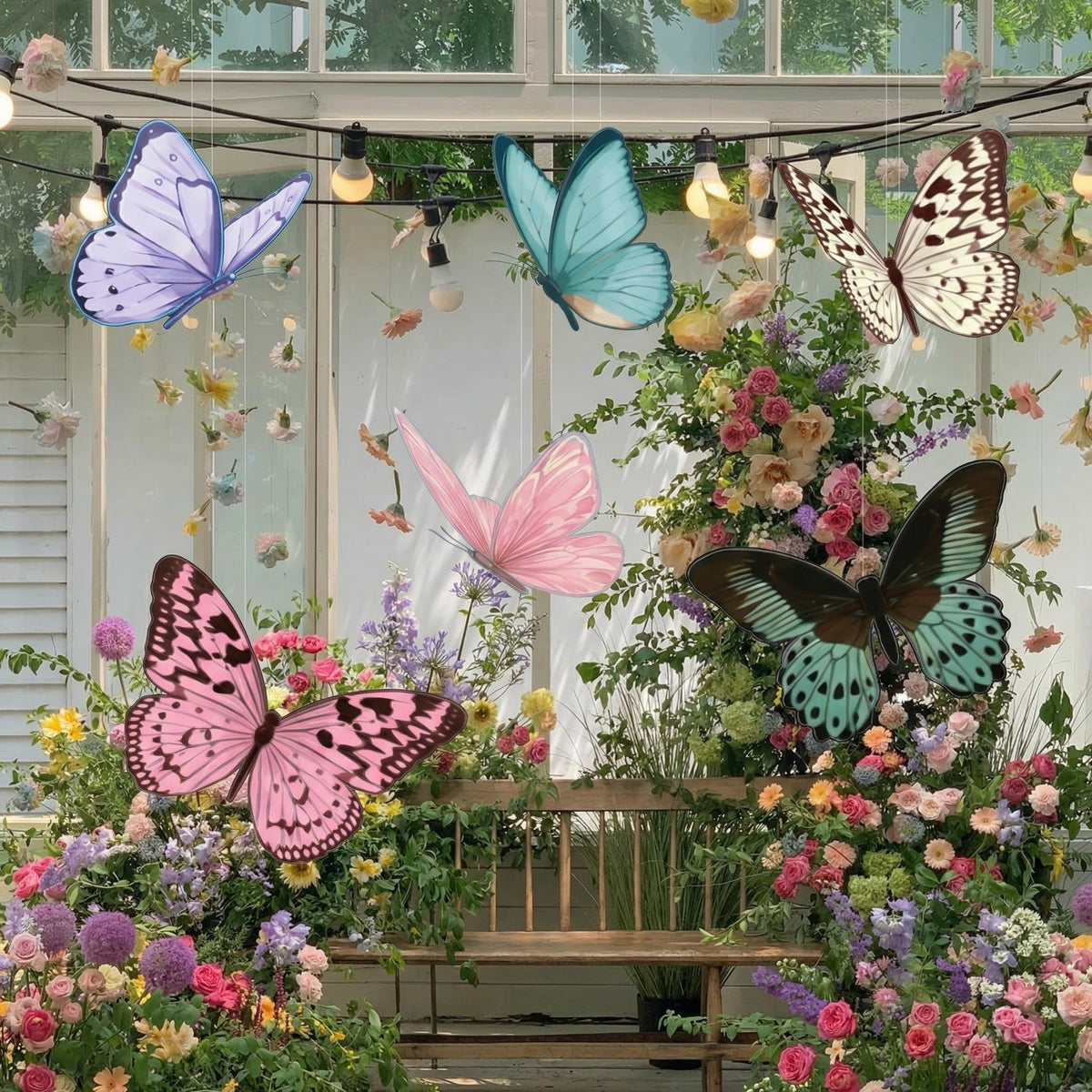 LemonSecret large butterfly decor hangs to create a dramatic ceiling display.