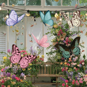 LemonSecret large butterfly decor hangs to create a dramatic ceiling display.