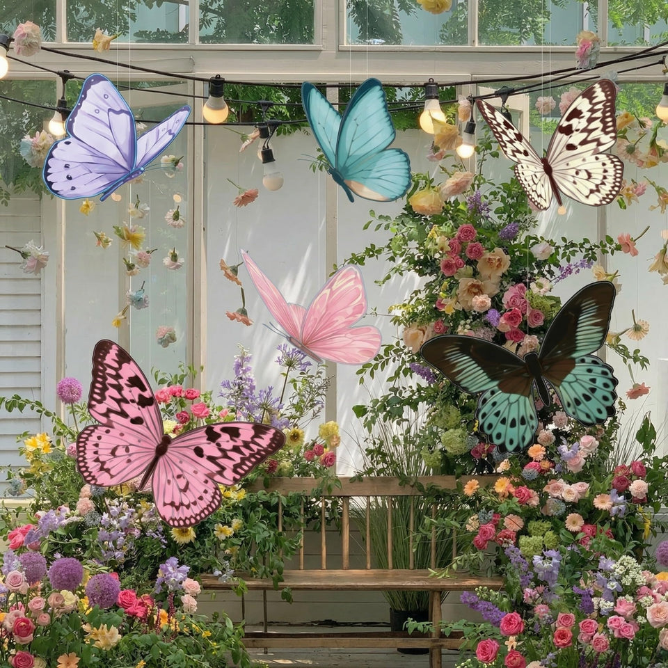 LemonSecret large butterfly decor hangs to create a dramatic ceiling display.