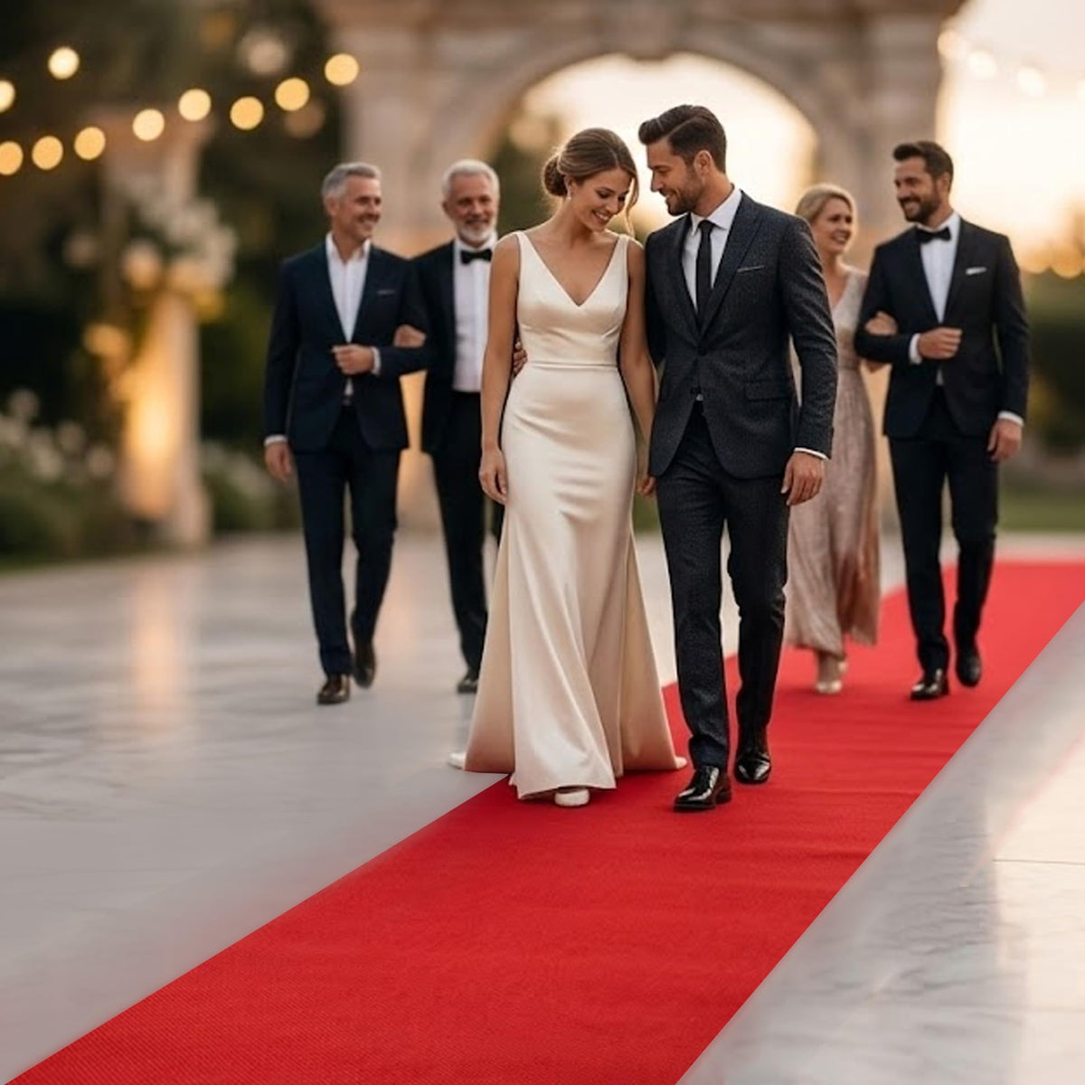 LEMONSODA red carpet runner along the aisle creates a grand, photo-ready walkway.