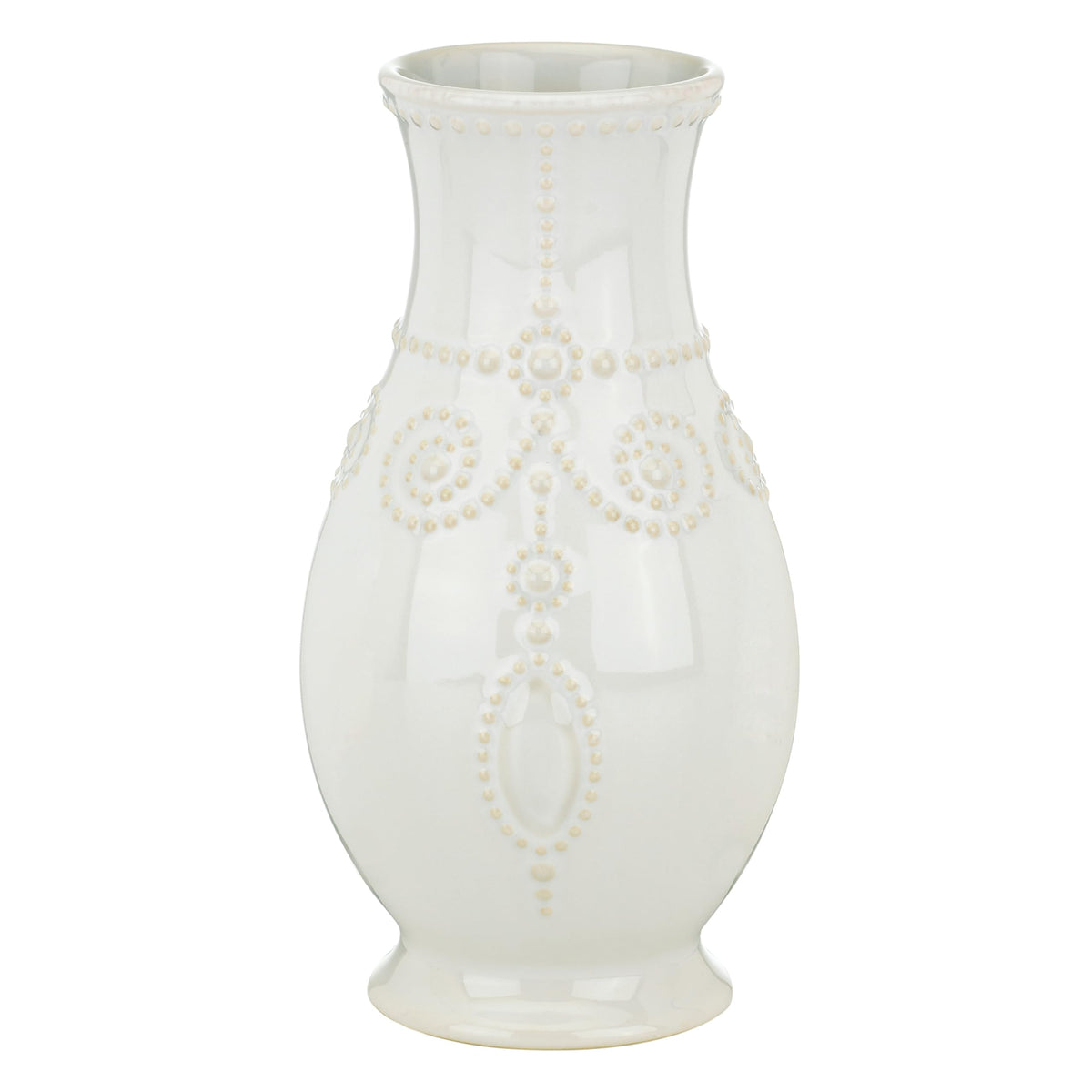 Lenox French Perle 8-inch fluted vase with beaded design for elegant single-flower displays.