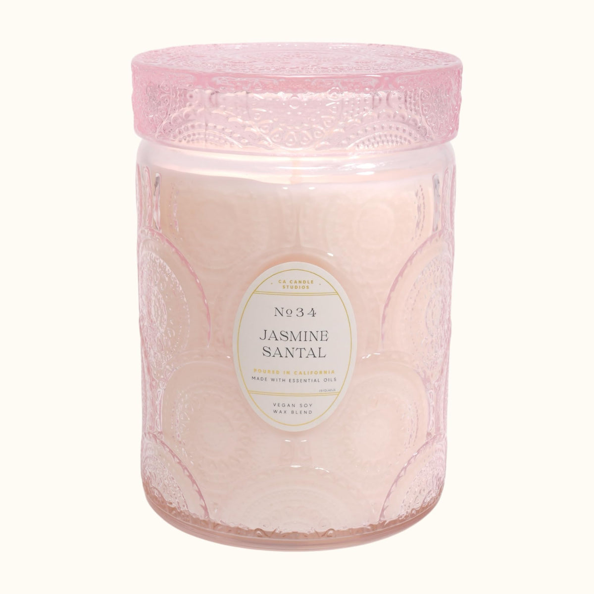 LEOBEN Jasmine Santal embossed jar candle in a luxurious clear glass jar for elegant decor