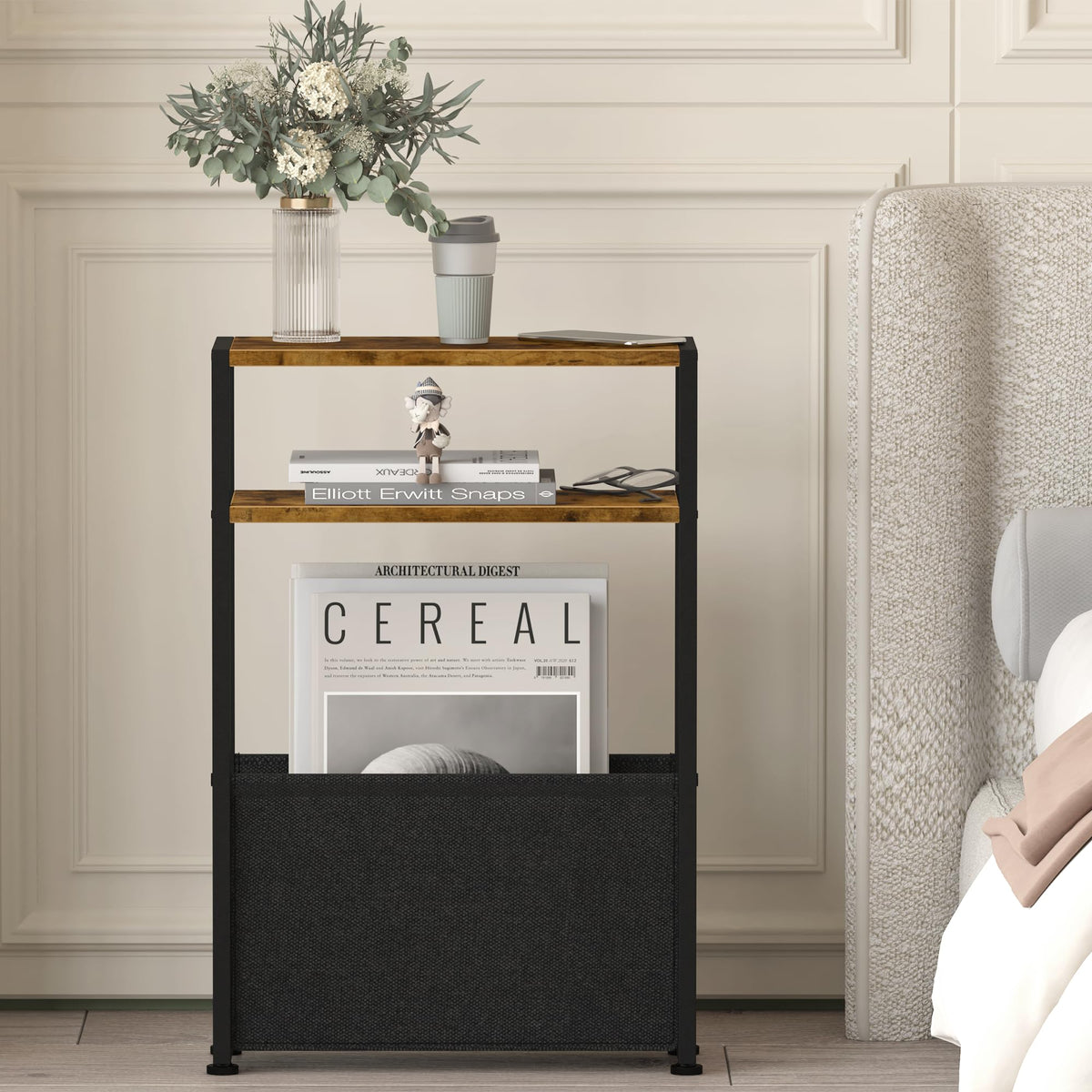 Leomonio bedroom use features slim bedside table within reach of the bed