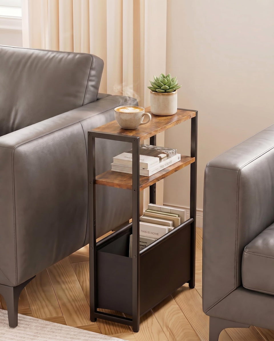 Leomonio narrow side table front view showing slim profile in a compact living space