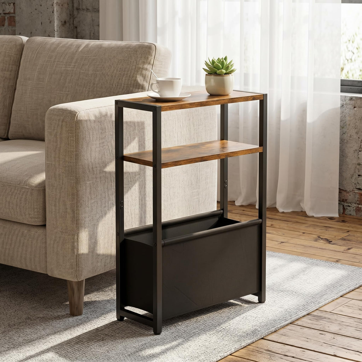 Leomonio living room use shows convenient surface beside sofa for lamps and drinks