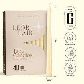 Leor & Lair 10-inch ivory tapers for long, clean dining light.