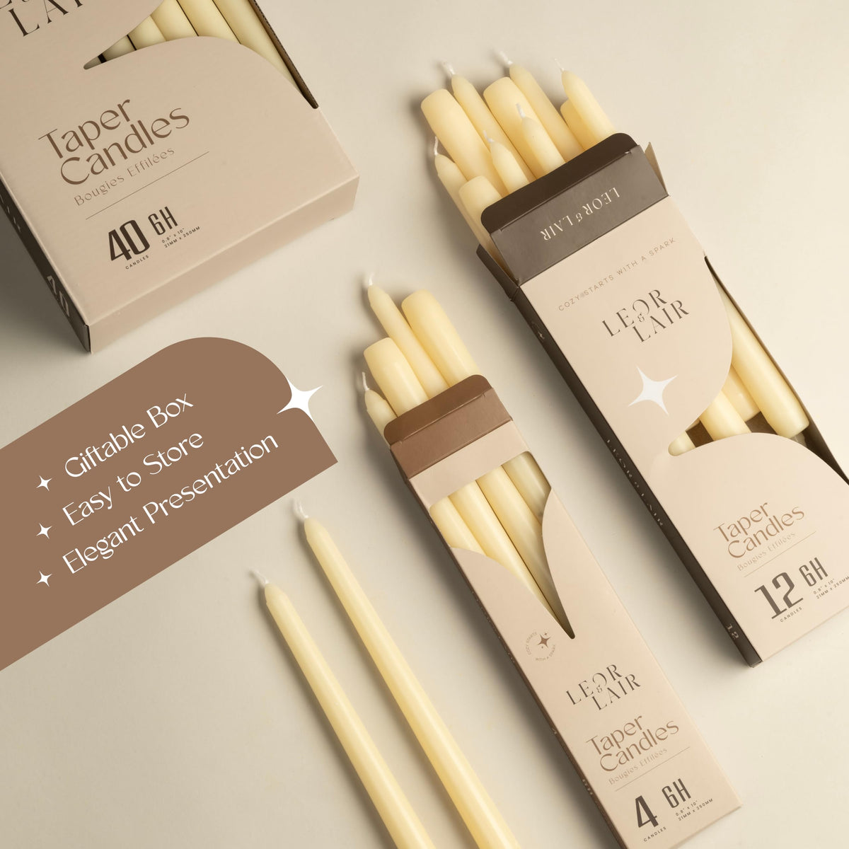 Candles fit standard holders securely for tidy displays.