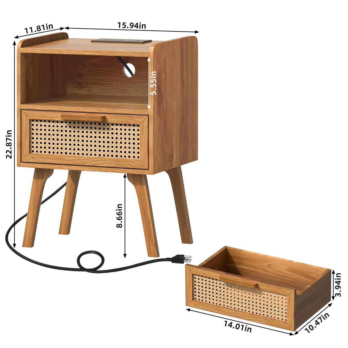 Lerliuo bedside table with drawer and cane legs adds vintage charm and practicality