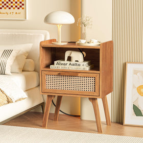 Close-up of rattan drawer handle on Lerliuo nightstand