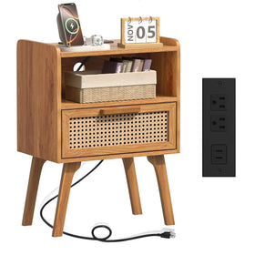 Lerliuo rattan nightstand with charging station in tea brown for easy device charging