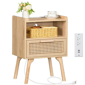 Lerliuo rattan nightstand with charging station keeps bedside devices powered and organized