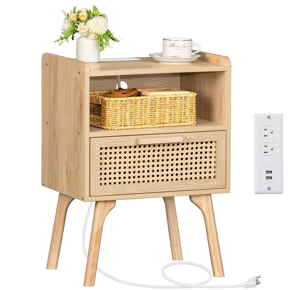 Lerliuo rattan nightstand with charging station keeps bedside devices powered and organized