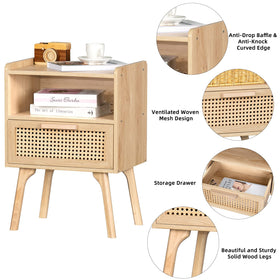 Lerliuo rattan nightstand drawer handle reveals handmade detail.