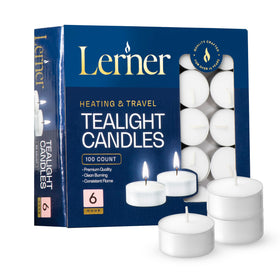Lerner Tealights in aluminum cups, 1-hour burn for quick ambiance.