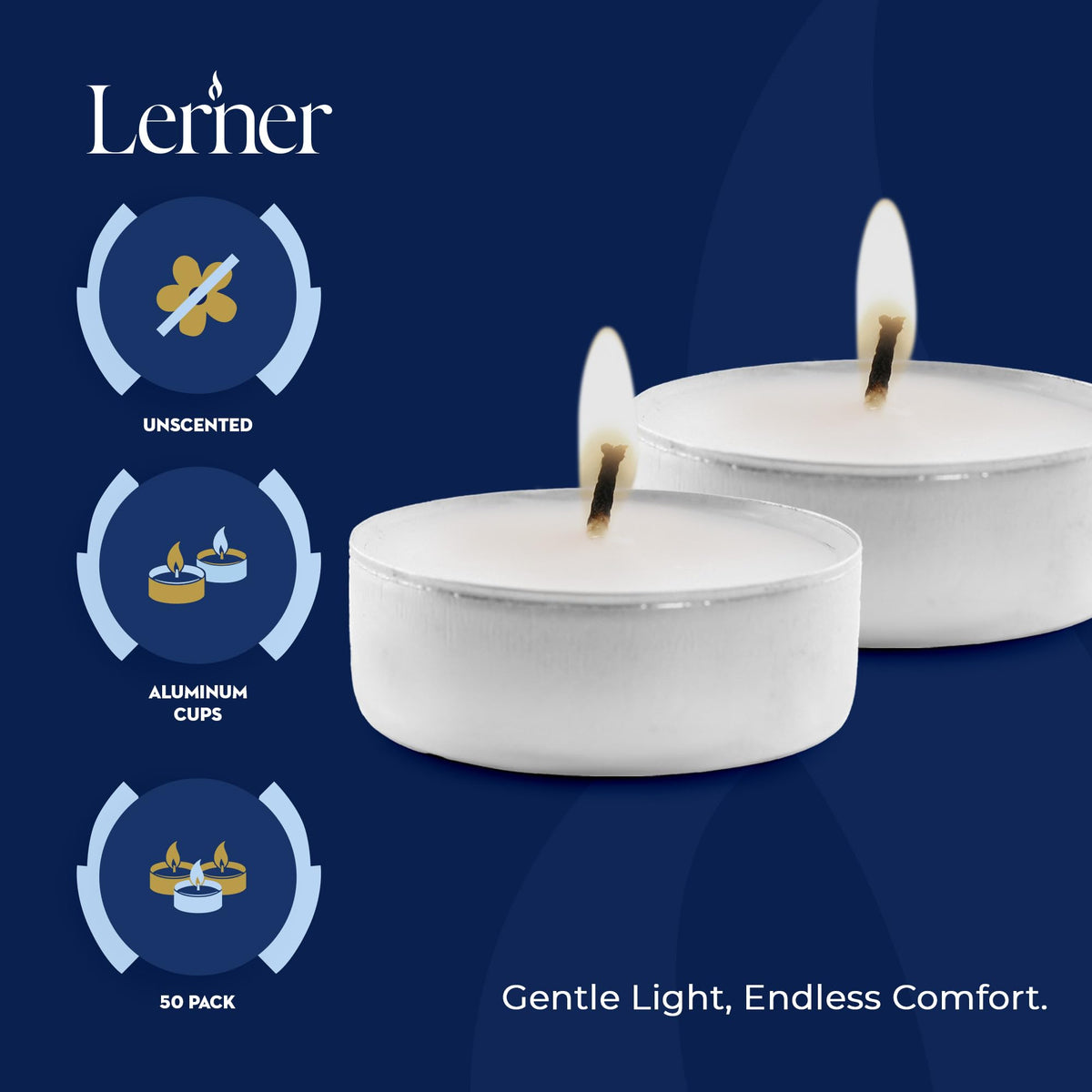 Lerner Tealights wedding décor with a soft, unscented glow.