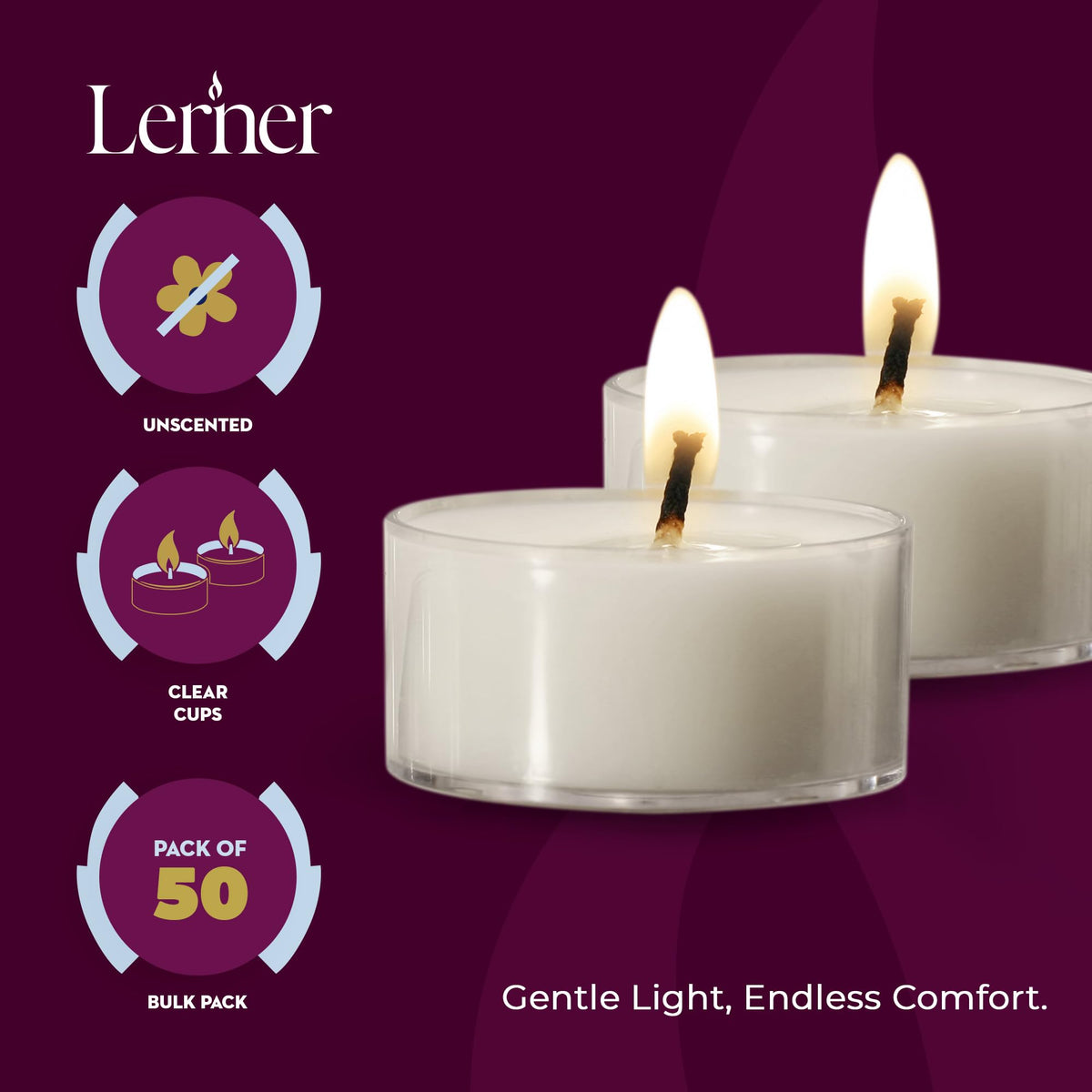 Lerner Tealights enhance wedding table decor with a soft warm light.