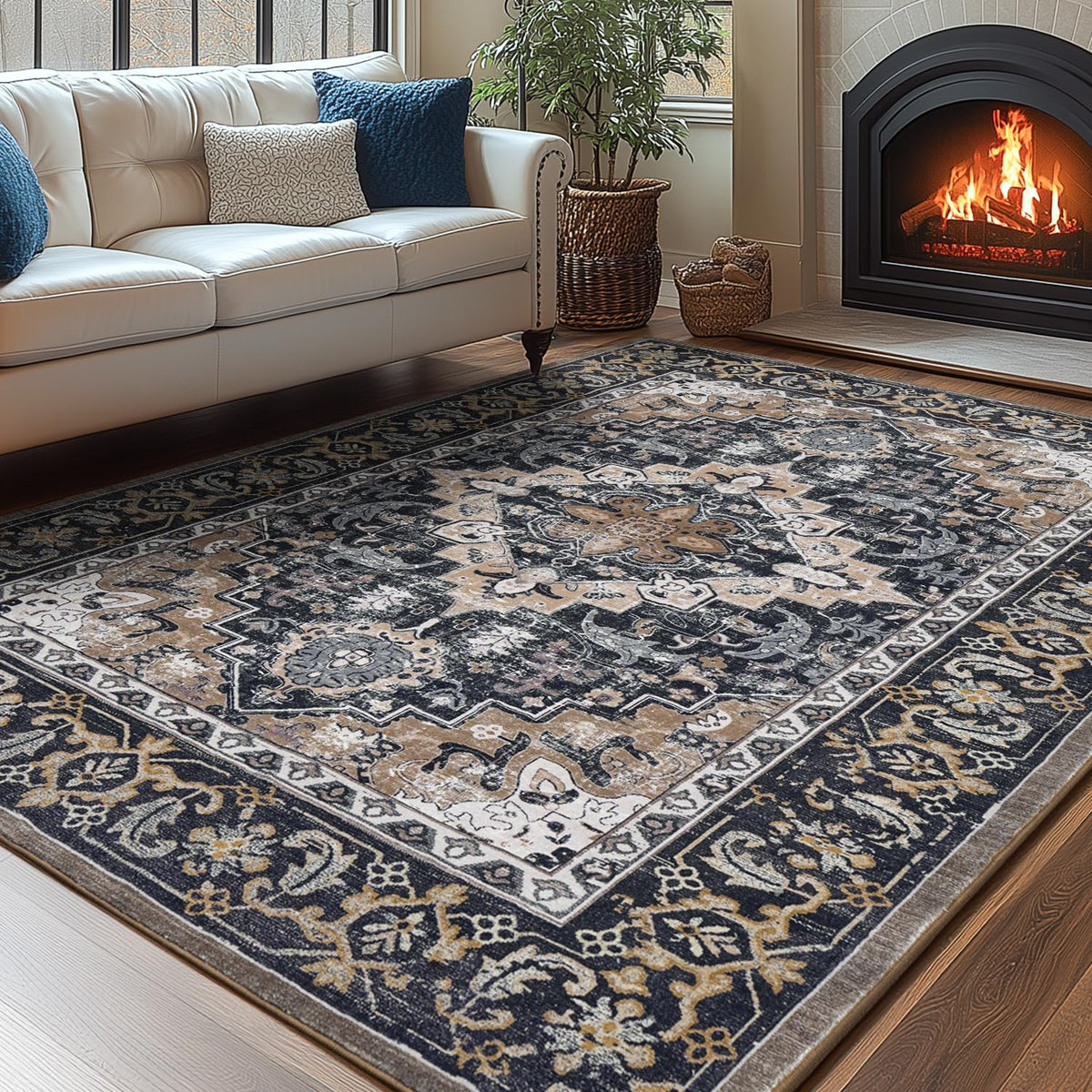Lessymo 8x10 rug with floral medallion adds timeless elegance to any room.