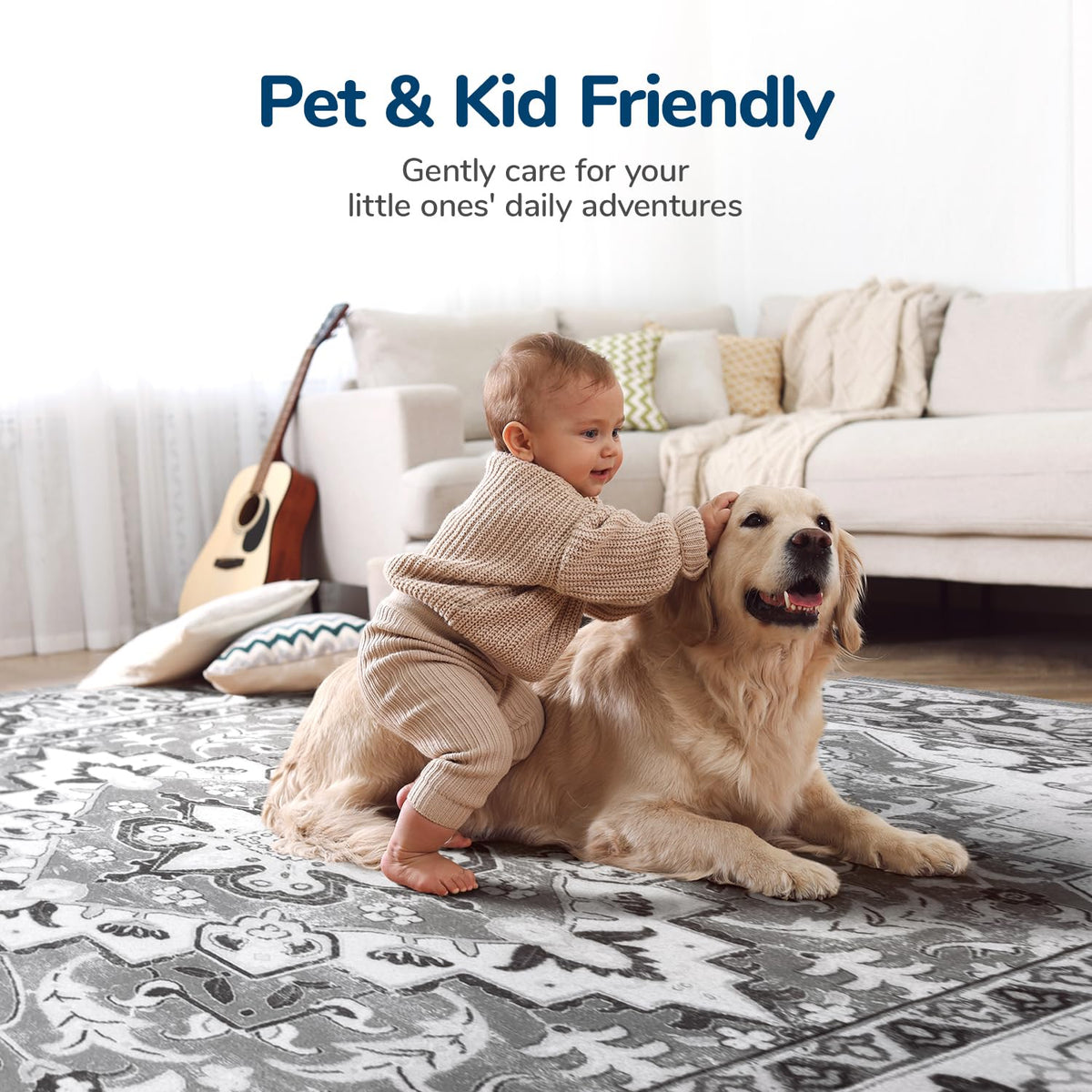Lessymo machine-washable rug simplifies cleaning for busy households and pet owners.