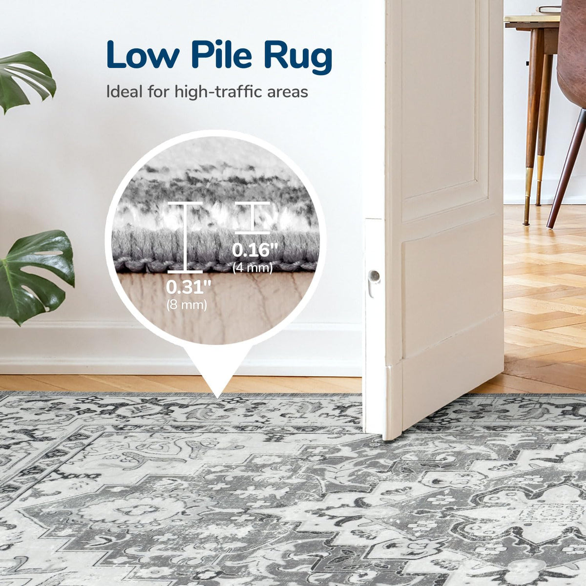 Lessymo rug with non-slip rubber backing keeps surfaces safe and furniture anchored.