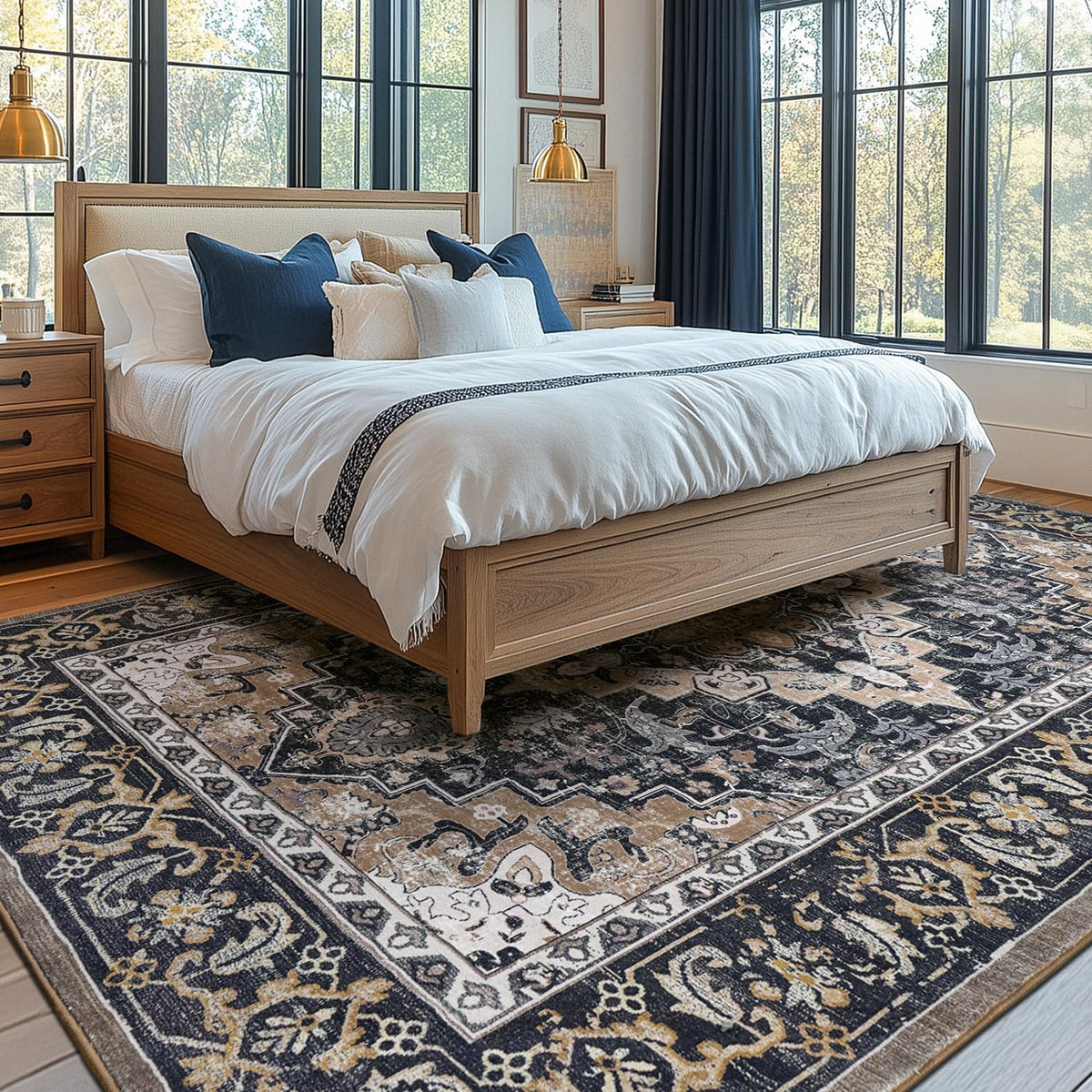Lessymo rug with intricate border design enhances refined living spaces.