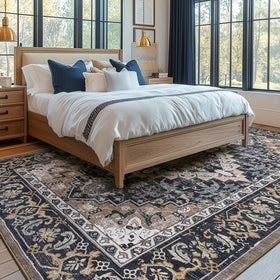 Lessymo rug with intricate border design enhances refined living spaces.