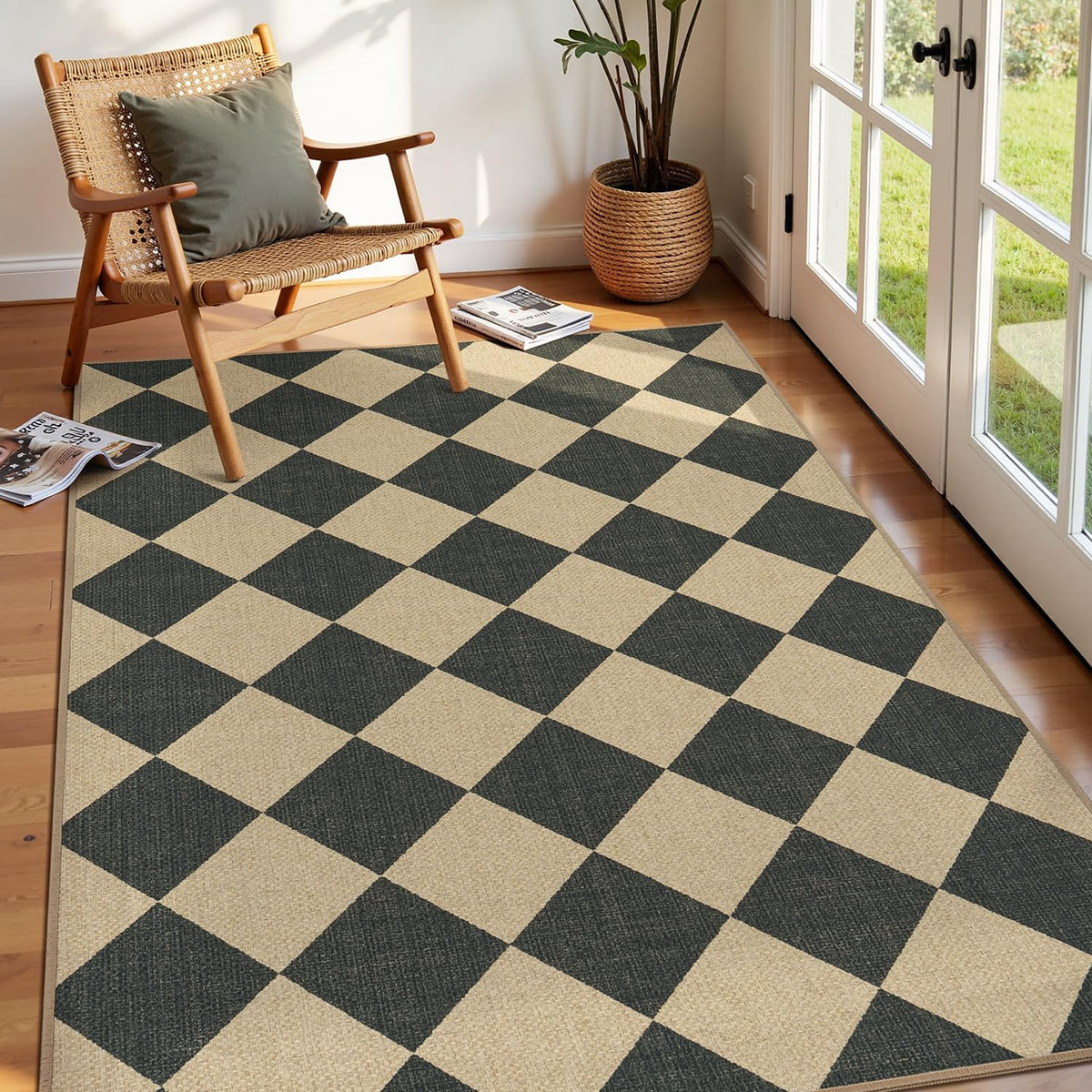 Lessymo Checkered 3x5 outdoor rug on entryway with non-slip backing for safety.