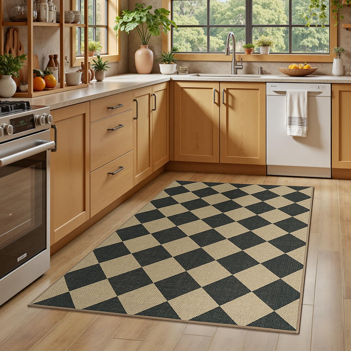 Lessymo Checkered 3x5 rug in kitchen for comfort and easy care.