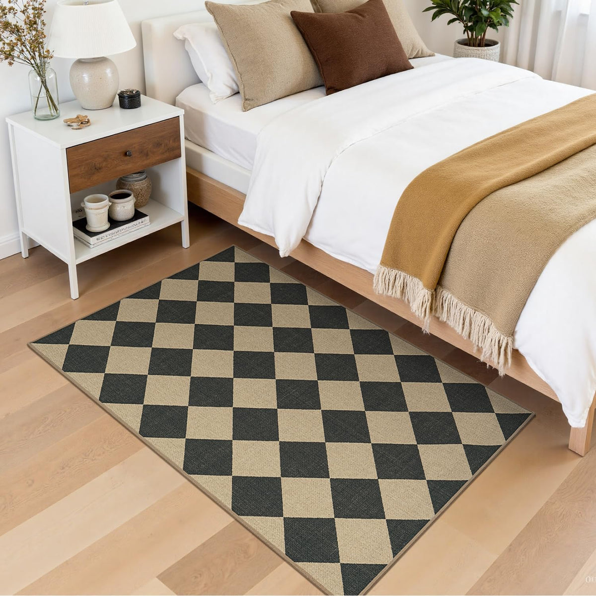 Lessymo Checkered 3x5 rug in living room with durable, flat-woven texture.