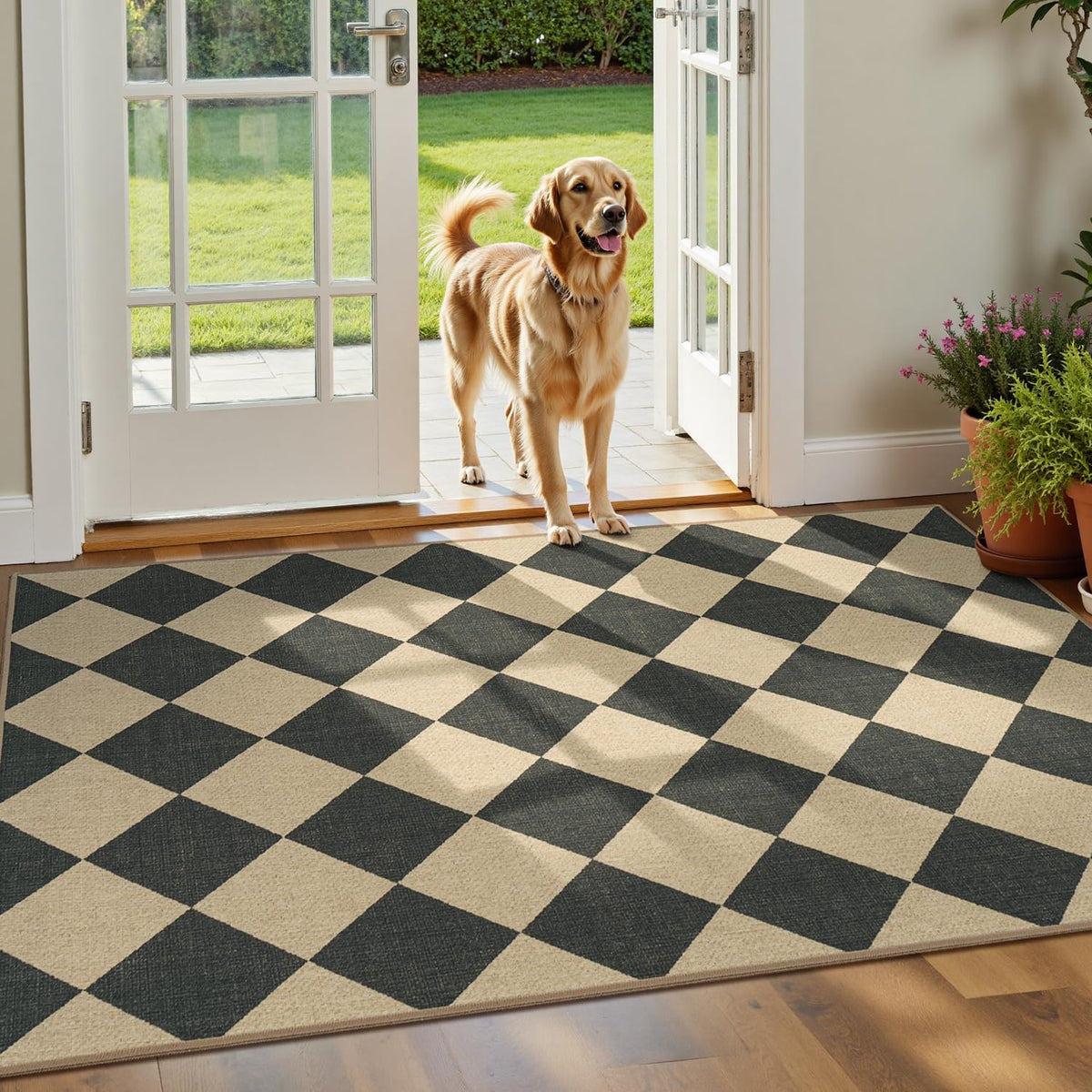 Lessymo Checkered 3x5 rug on patio offers easy cleaning and style.