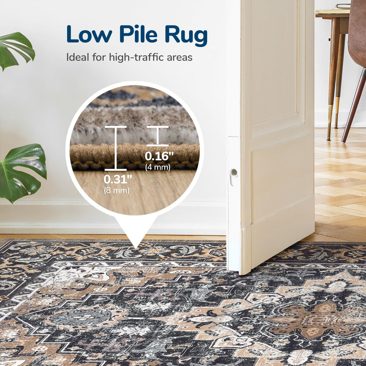 Lessymo rug with non-slip backing stays securely in place.
