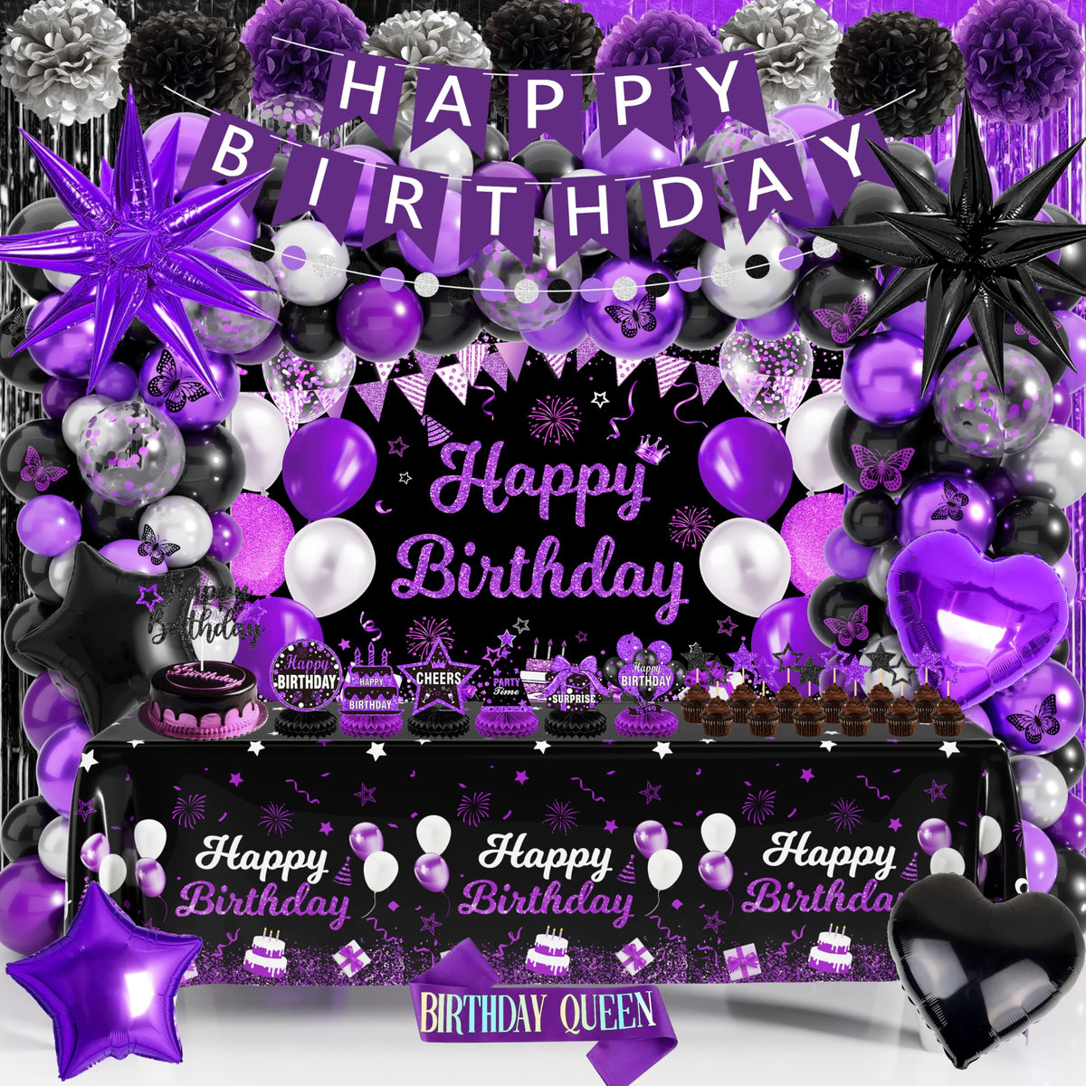 Letsroar purple-black birthday backdrop enhances party photos