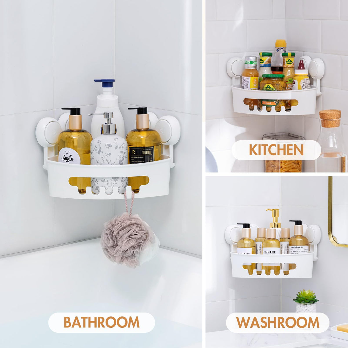 LEVERLOC bathroom organizer holds shower gel, conditioner, and razors neatly.