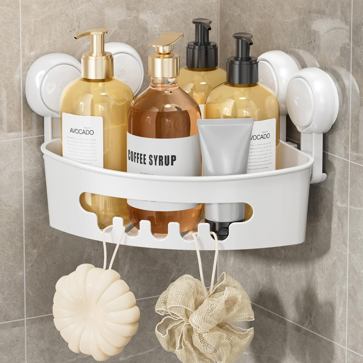 LEVERLOC corner shower caddy suction on tile for tool-free mounting and clutter-free shower.