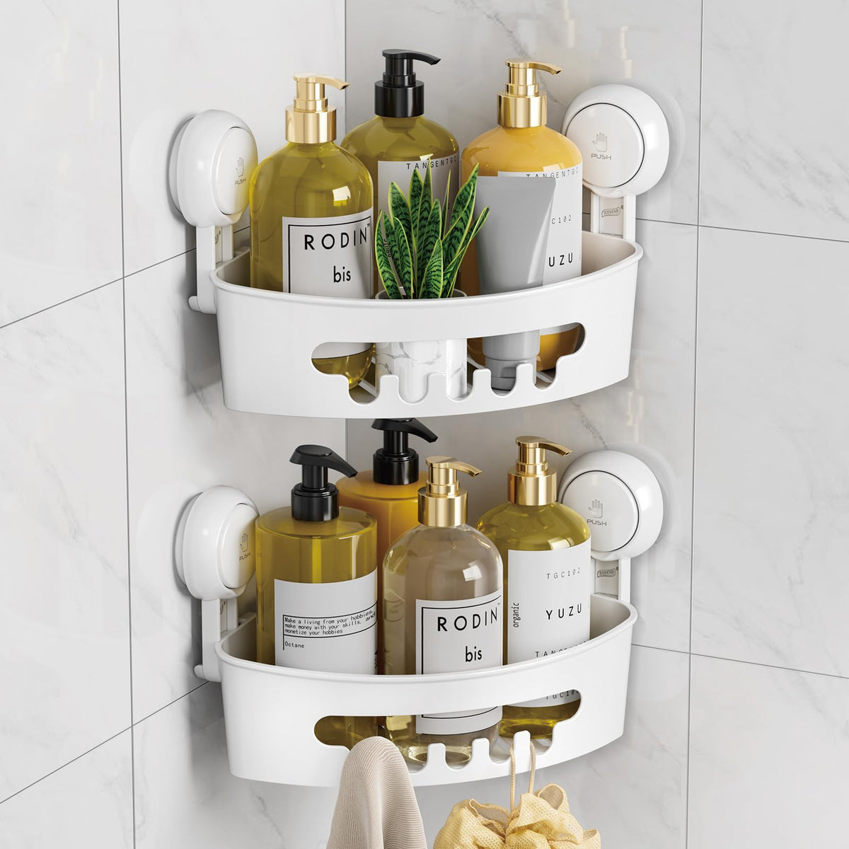 LEVERLOC corner shower caddy suction on glass keeps shower clutter-free and easy to reach.