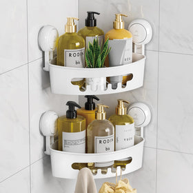 LEVERLOC corner shower caddy suction on glass keeps shower clutter-free and easy to reach.