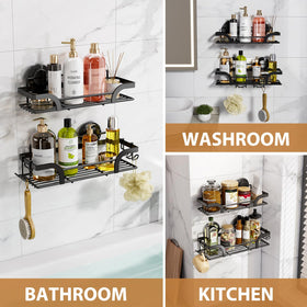 LEVERLOC indoor shower storage keeps bottles organized in a compact corner.