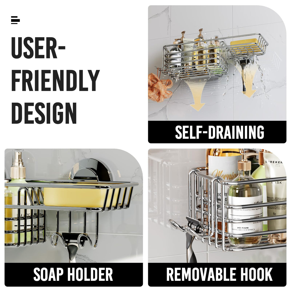 LEVERLOC compact shower caddy ideal for small bathrooms.