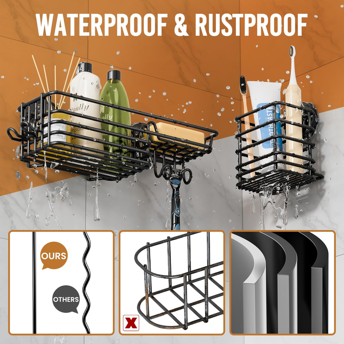 Strong suction up to 22 lbs keeps shampoo bottles stable.