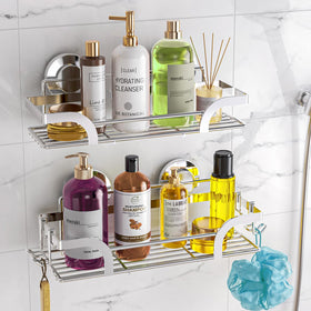 LEVERLOC shower caddy inside shower view highlights tool-free installation.