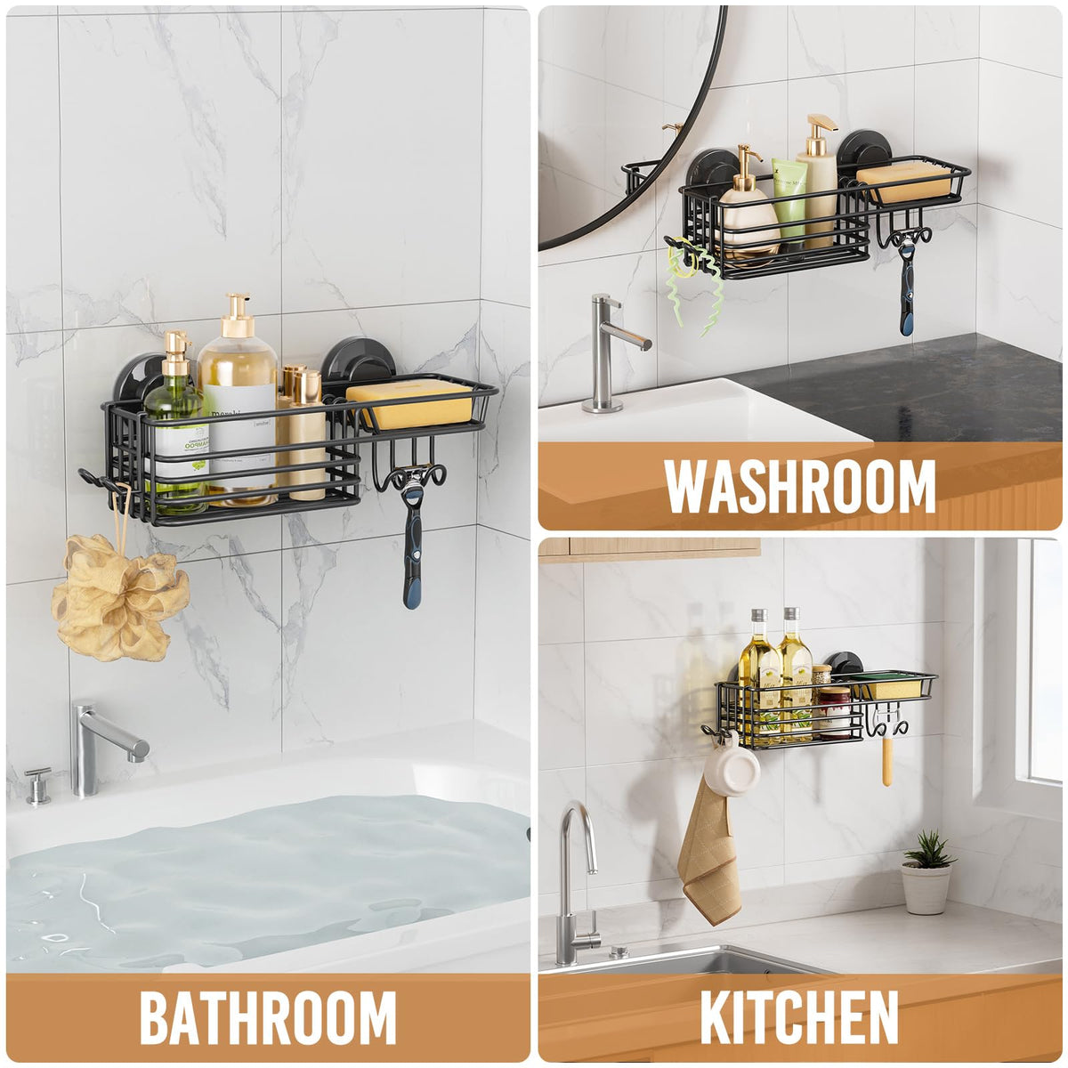 LEVERLOC Shower Caddy removable suction allows flexible placement.