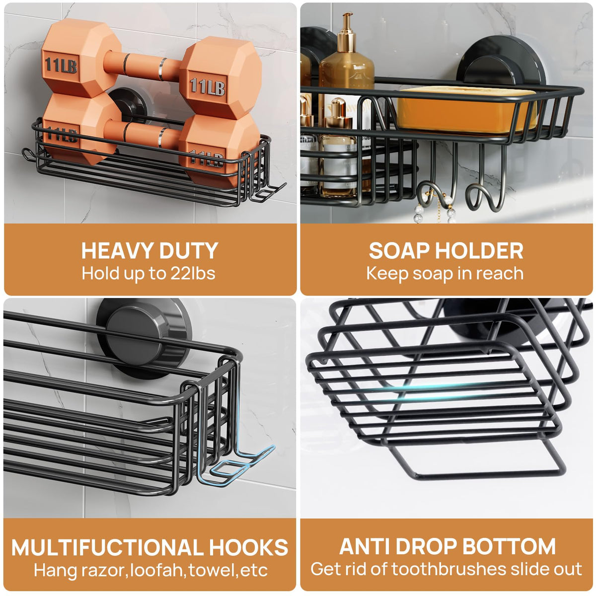 Rustproof stainless steel construction resists humidity in showers.